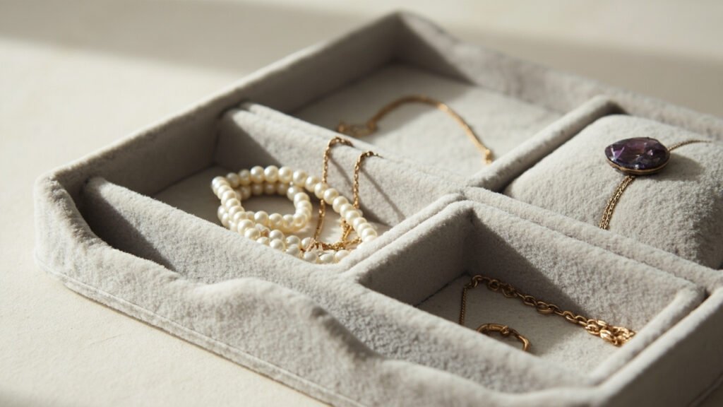 Plateau de velours compartimenté rangeant bijoux séparés et capitonnés.
