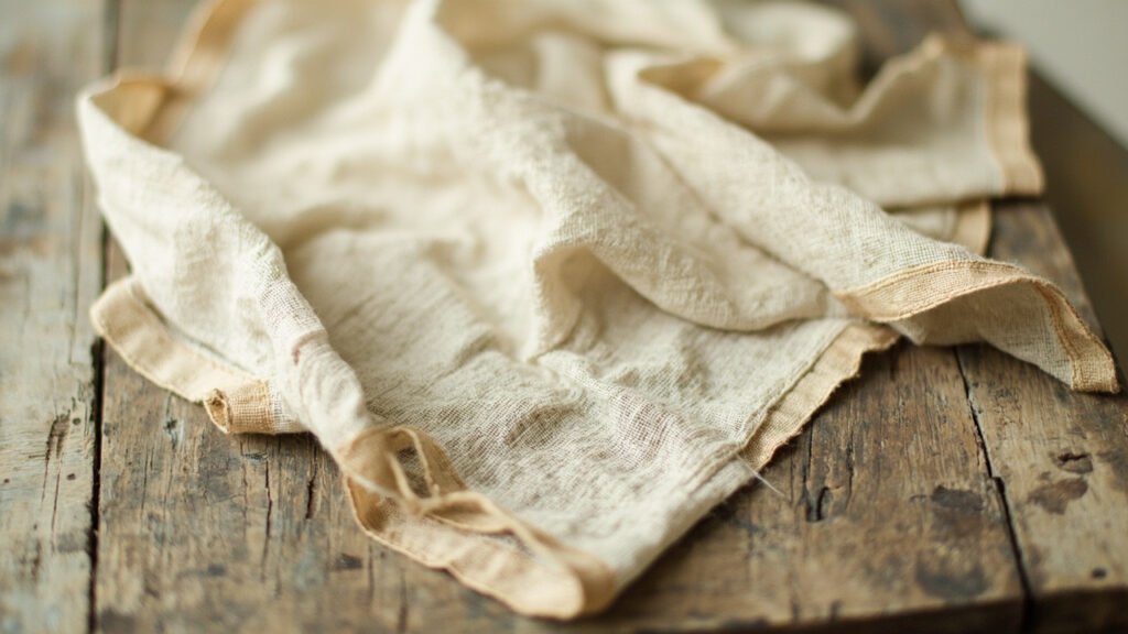 Pli de lin ancien dévoilant patine dorée et fibres usées.