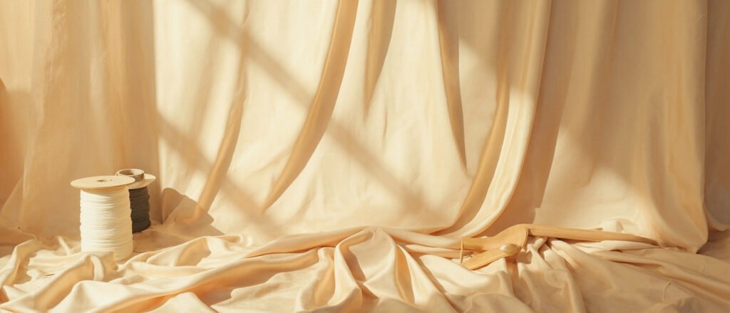 Pli de satin champagne lumineux, bobines de soie ivoire et navette en bois.