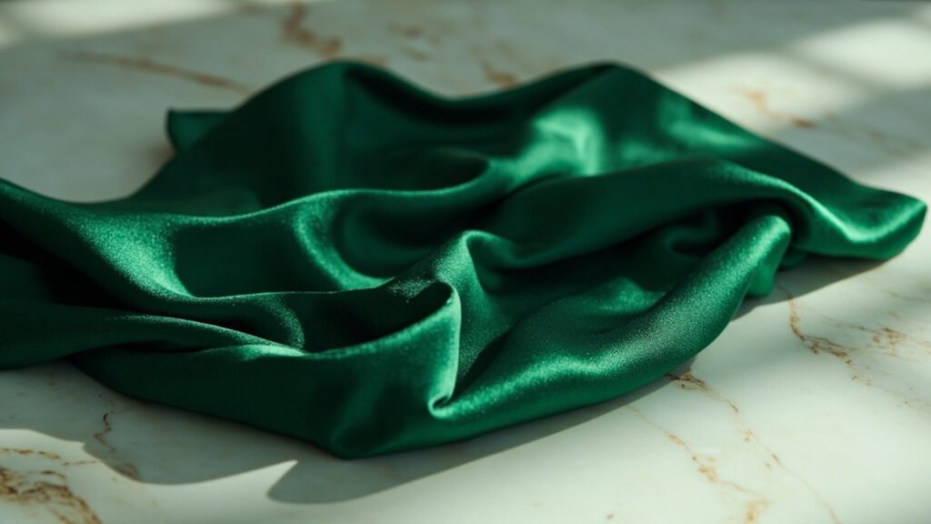 Pli de satin duchesse émeraude drapé sur marbre.