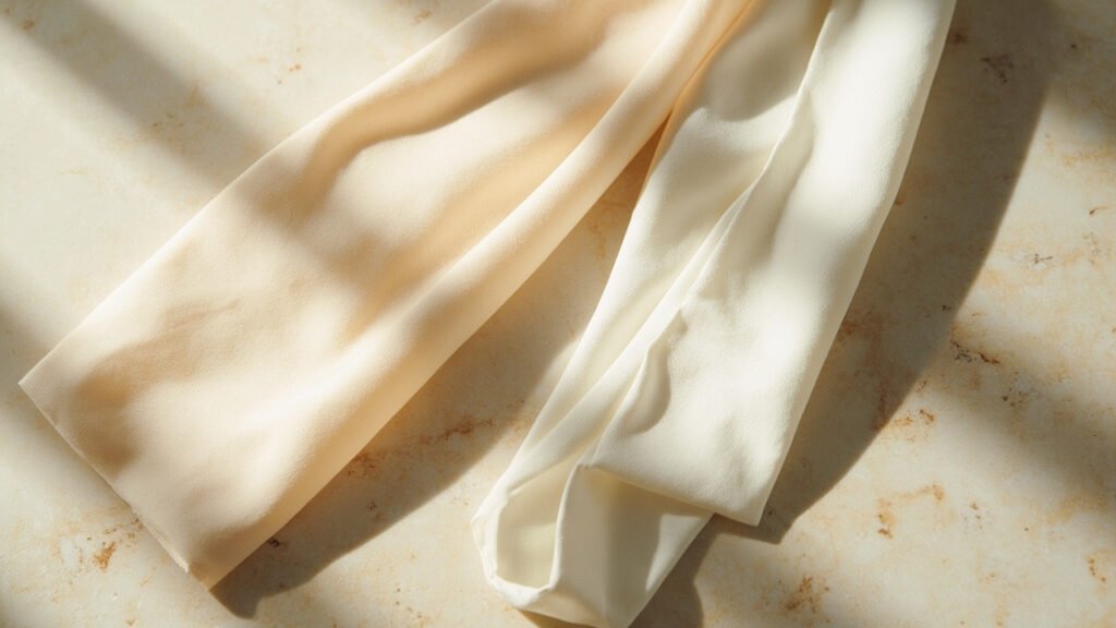 Pli de soie champagne et satin ivoire, lumière rasante.