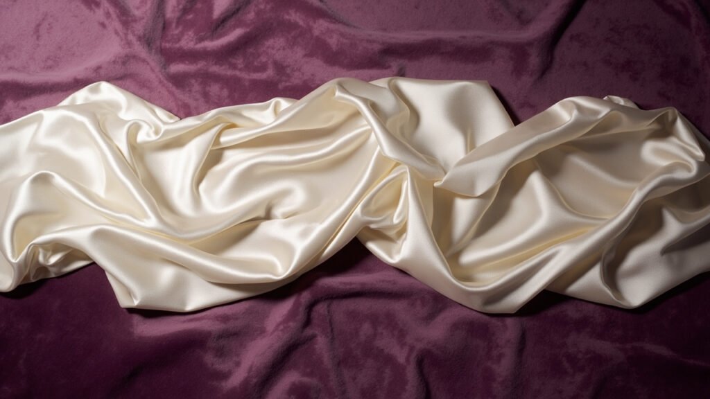 Pli de soie charmeuse ivoire sur velours, face brillante et envers mat.