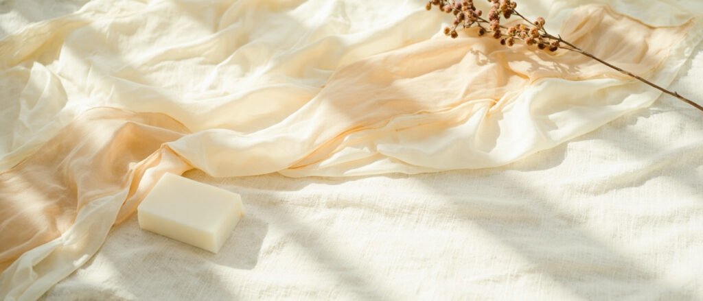 Pli de soie ivoire et champagne, savon naturel et branche de mûrier sur lin pâle.
