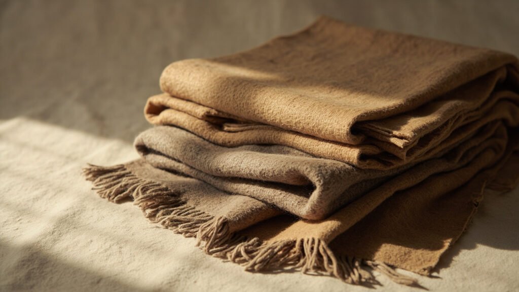Pli de tissu cachemire camel, tissage dense et velouté.