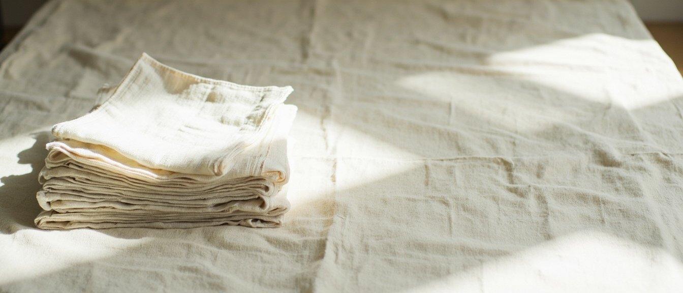 Pli délicat de serviettes en lin écru vintage sur nappe en lin brut.