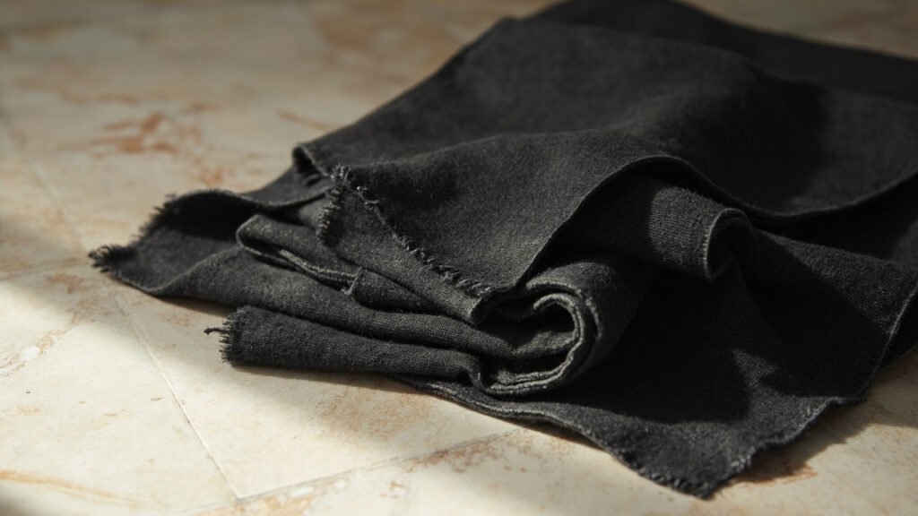 Pli précis d'un tissu twill de cachemire charbon sur travertin.