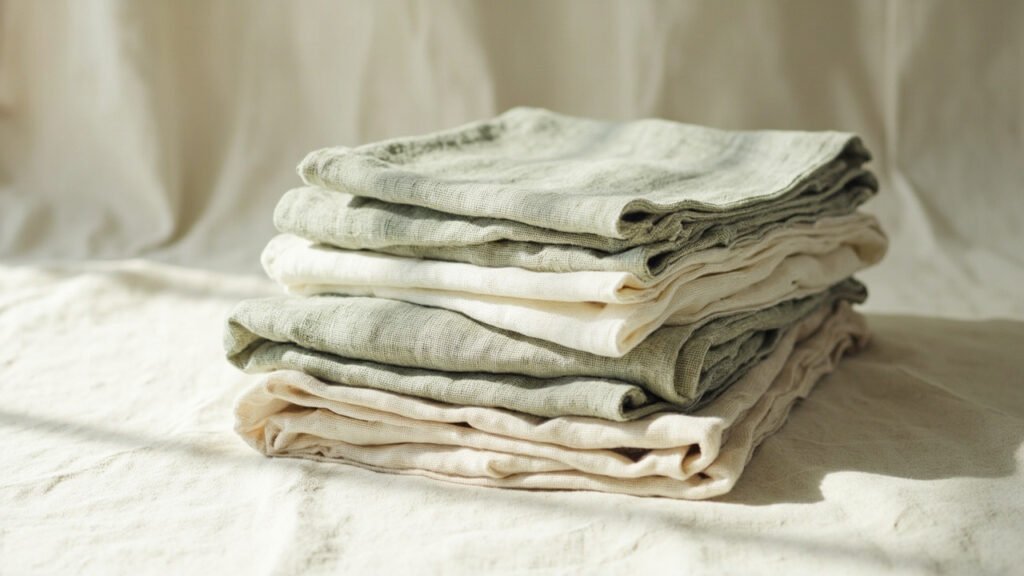 Pliage de linges de lin en teintes naturelles et sauge.