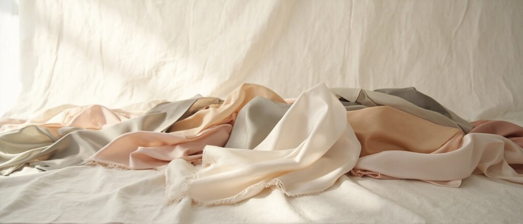 Pliage panoramique de satin recyclé aux teintes nacré et champagne.