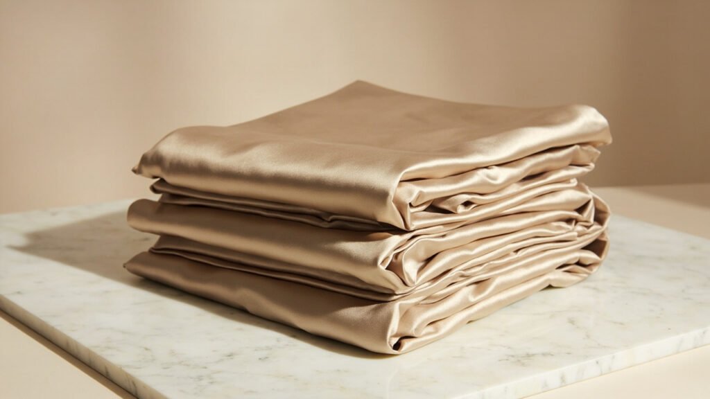 Pliages architecturaux de satin duchesse champagne sur marbre.