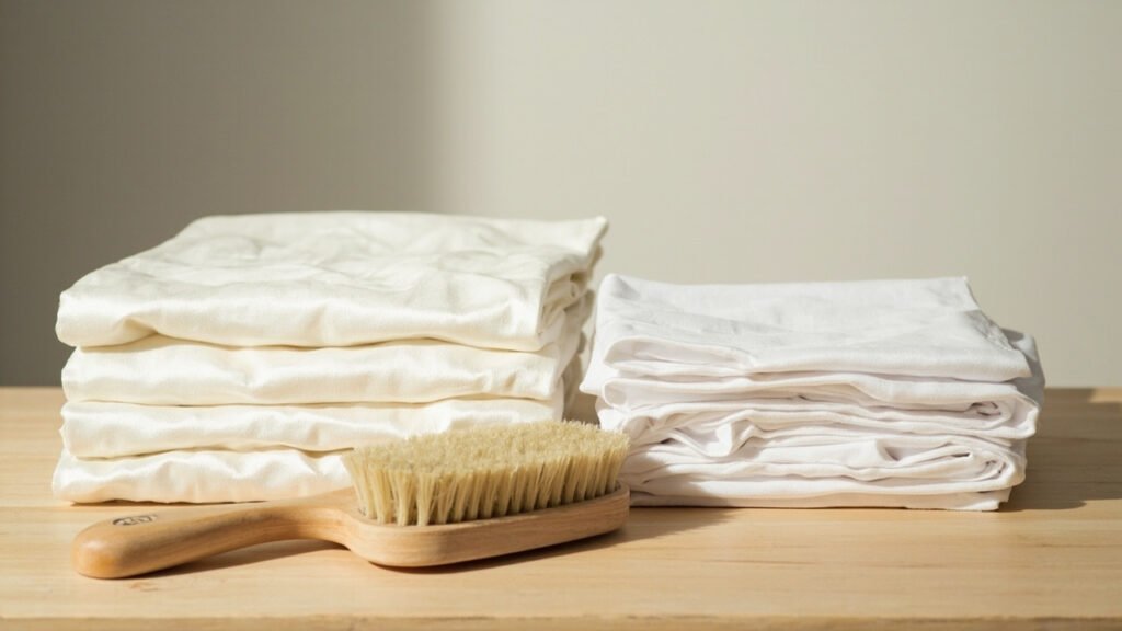 Pliages de sateen et popeline sur bois naturel, brosse en bois.