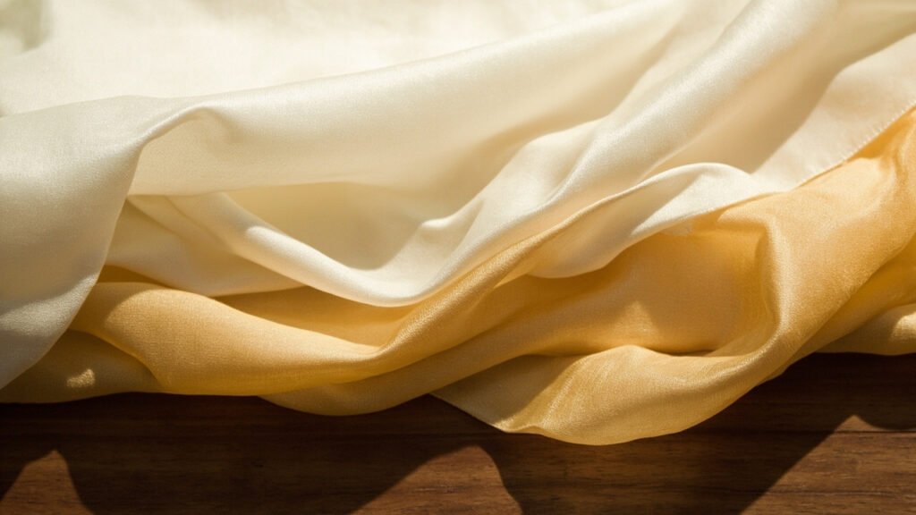 Pliages de satin ivoire et or sur noyer sombre.