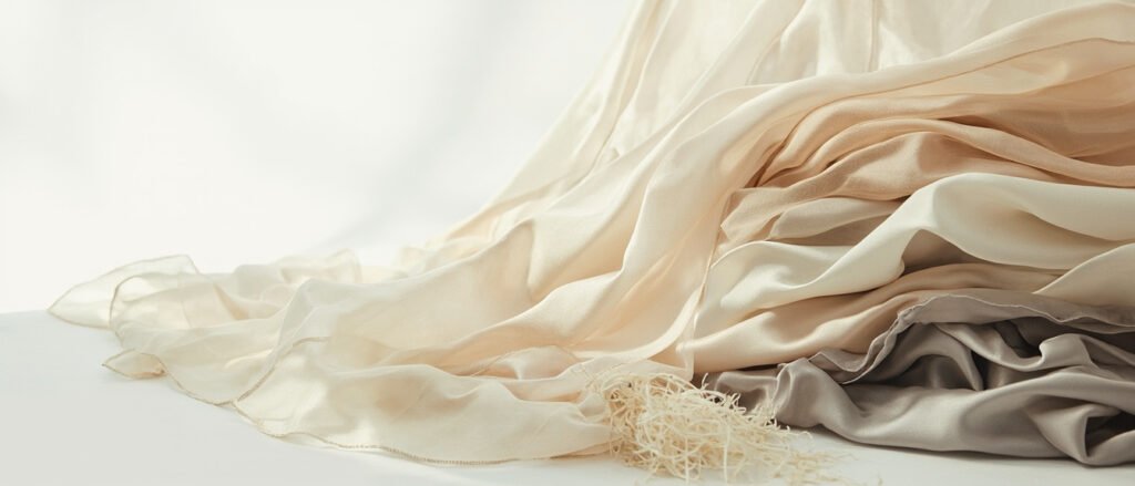 Pliages de soie champagne et ivoire avec fibres et fils.
