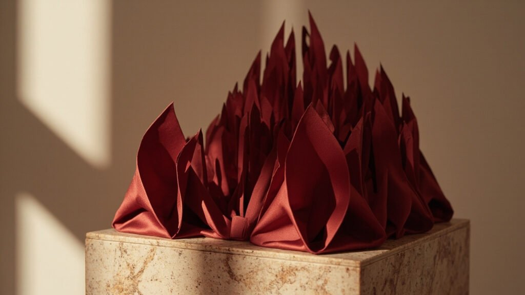 Plis architecturaux en satin duchesse rouge se tenant sans armature.