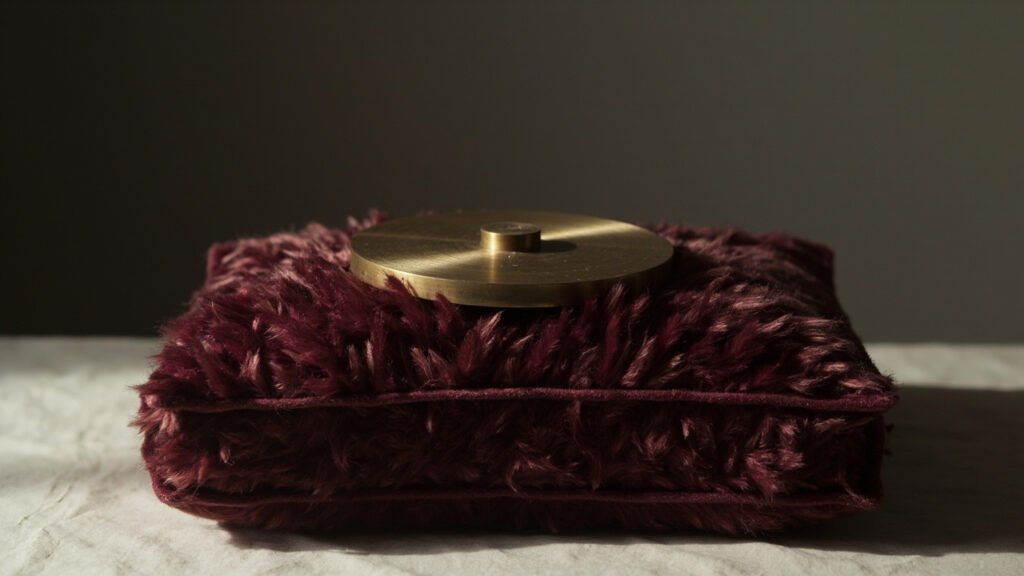 Poids de laiton sur coussin velours bordeaux, illustrant densité et tenue.