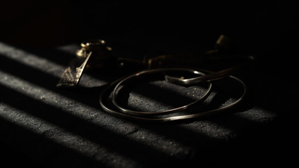 Poste d'inspection : bracelet argent poli, loupe en laiton et lumière rasante.