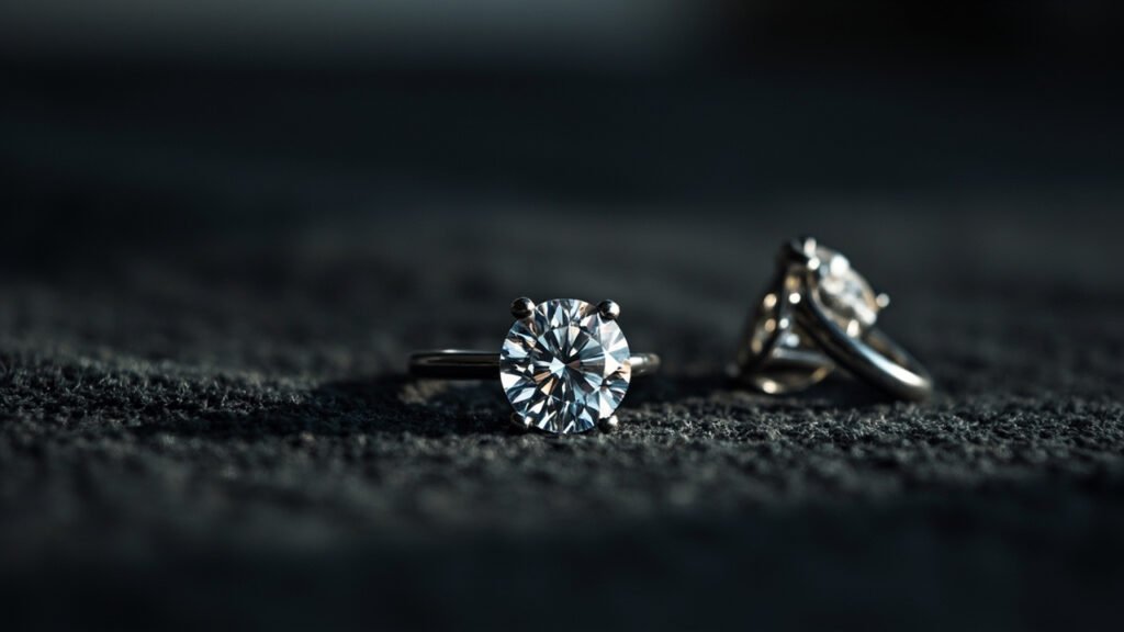 Profil d'une bague solitaire en platine sur velours sombre.