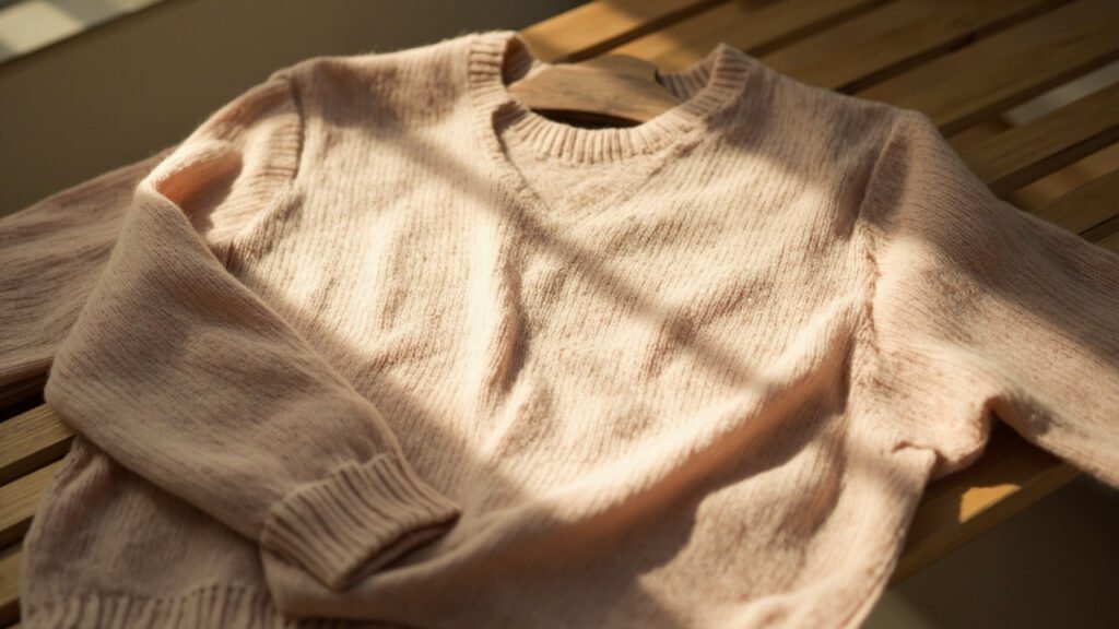Pull cachemire blush séchant à plat sur claie en bois.