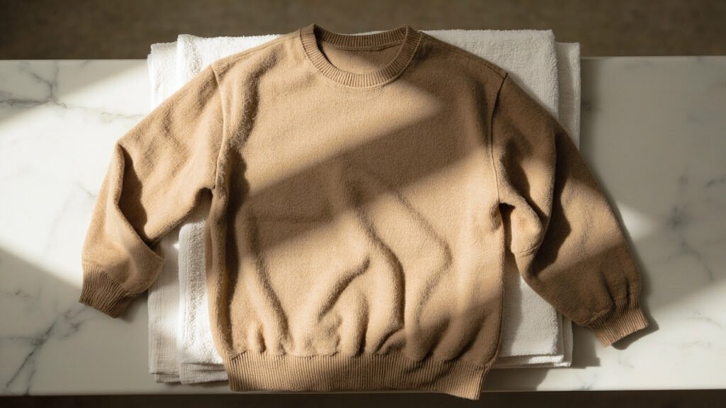 Pull cachemire camel à plat sur serviette ivoire pour séchage.