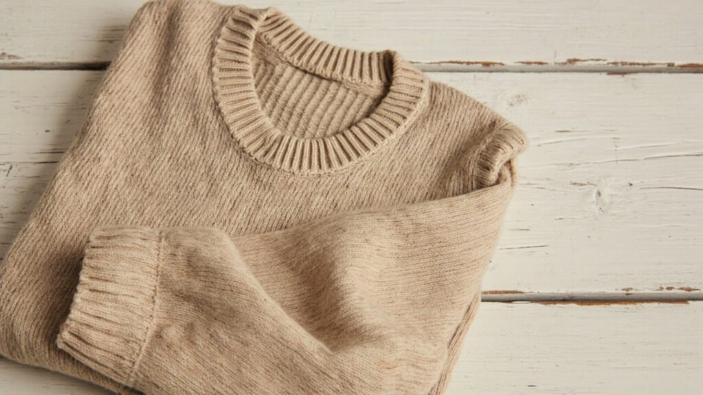 Pull cachemire camel plié, mailles serrées et surface régulière sur bois.