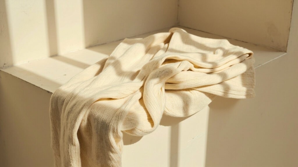 Pull cachemire drapé sur rebord de pierre, plis sculptés par le poids.
