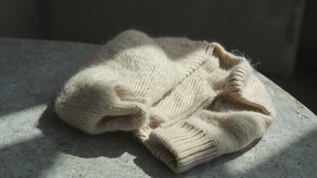 Pull cachemire feutré et rétréci, fibres compactées sur pierre.