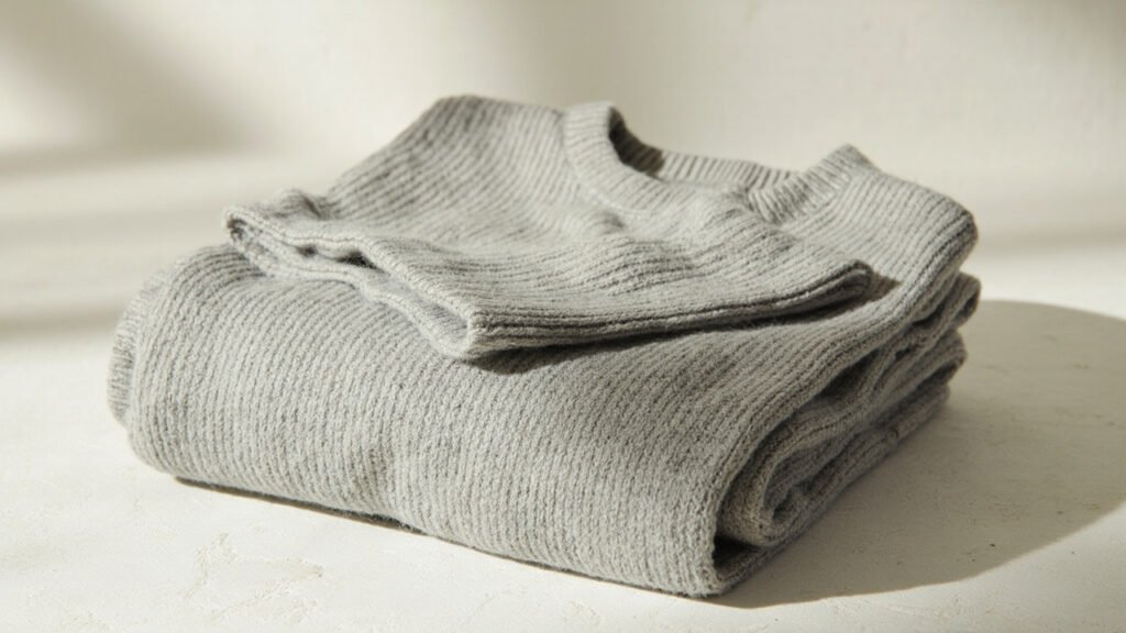Pull cachemire gris chiné plié, maille fine et moelleuse sur pierre.
