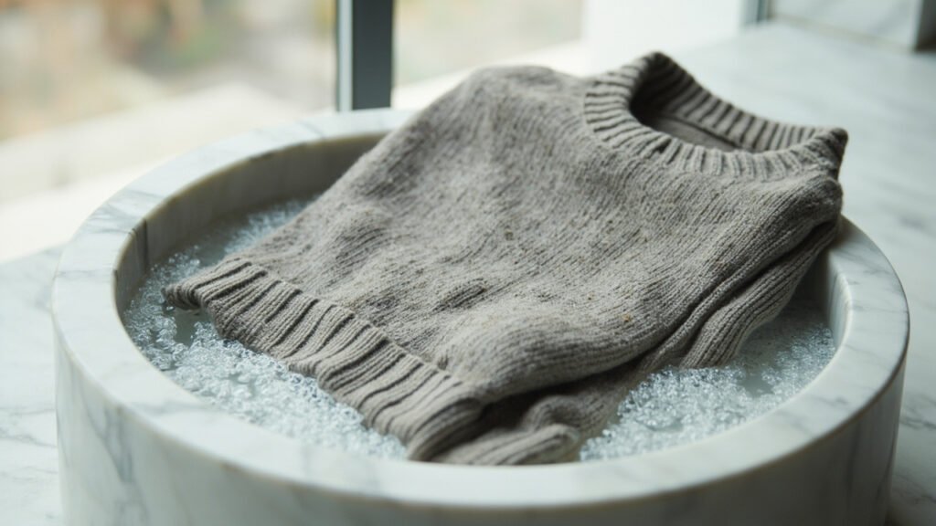 Pull cachemire gris perle dans une vasque en marbre, eau et mousse.