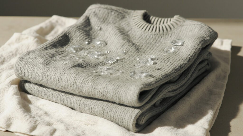 Pull cachemire gris plié sur serviette crème, gouttes d'eau.