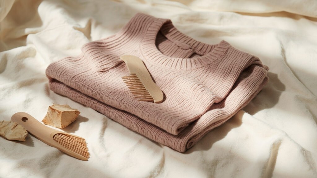 Pull cachemire rose plié, peigne et bois de cèdre sur lin.
