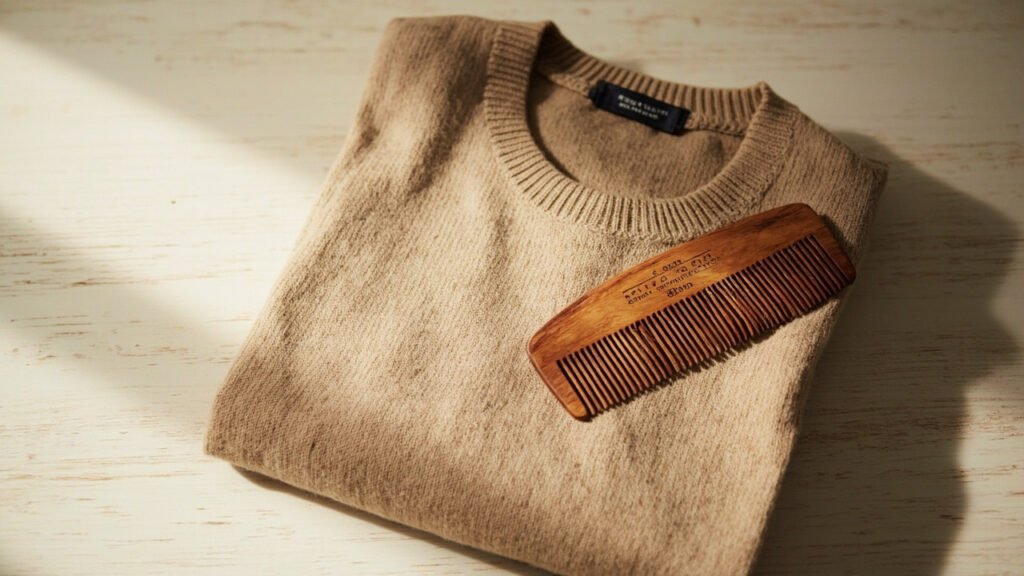 Pull cachemire-soie camel plié à plat, peigne en cèdre sur chêne.