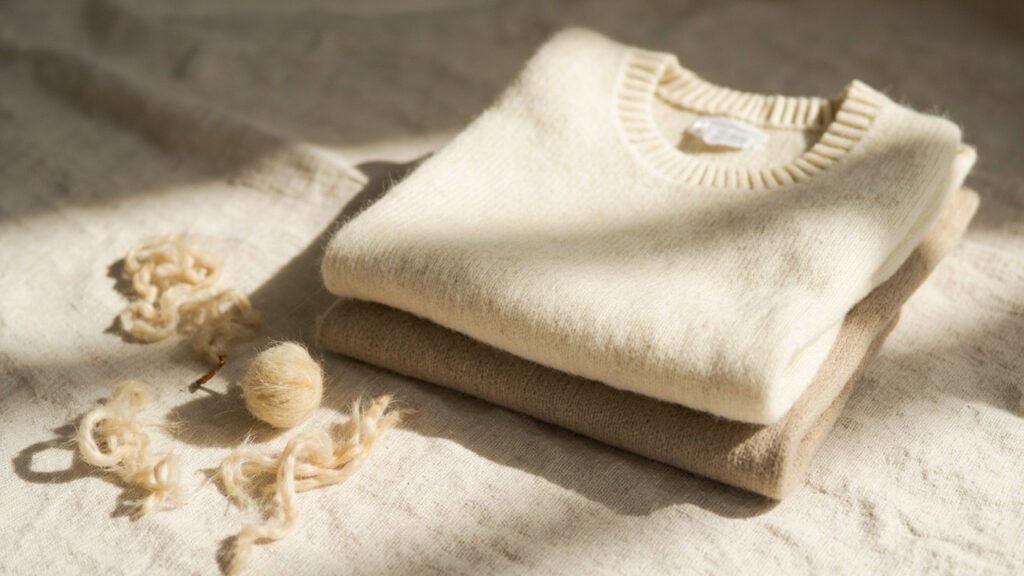 Pull en cachemire écru plié avec des fibres brutes sur lin naturel.