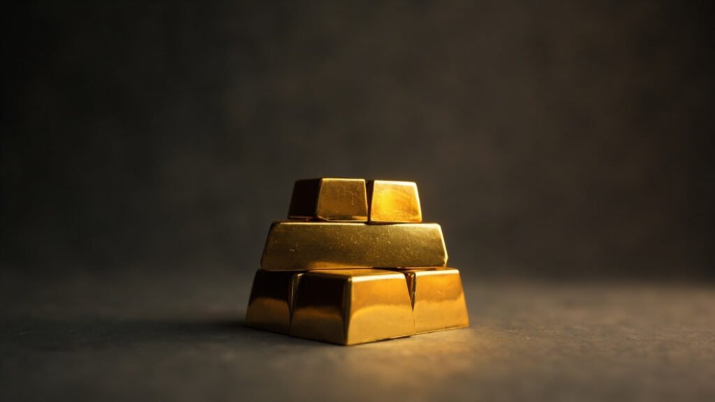 Pyramide de lingots d'or poli sur fond charbon, lumière ambrée.