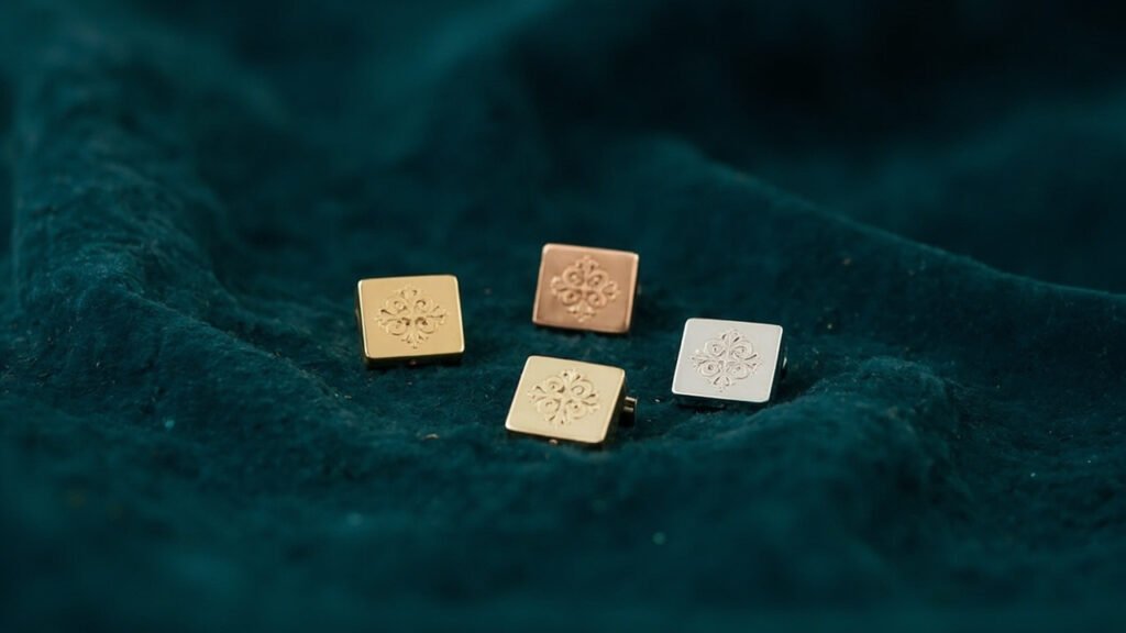 Quatre carrés d'or et platine gravés, sur velours bleu profond.