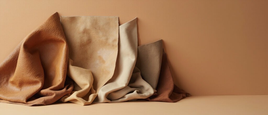 Quatre cuirs drapés : pleine fleur caramel, croûte brute, nubuck taupe, suède châtaigne.