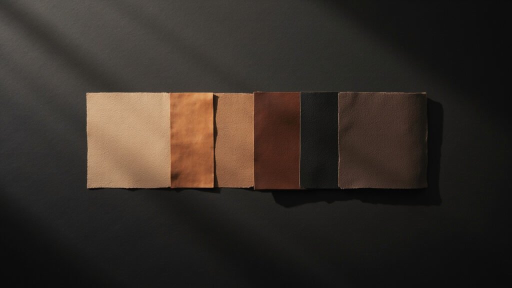 Quatre échantillons de cuir alignés, de l'aniline brut au pull-up ciré.