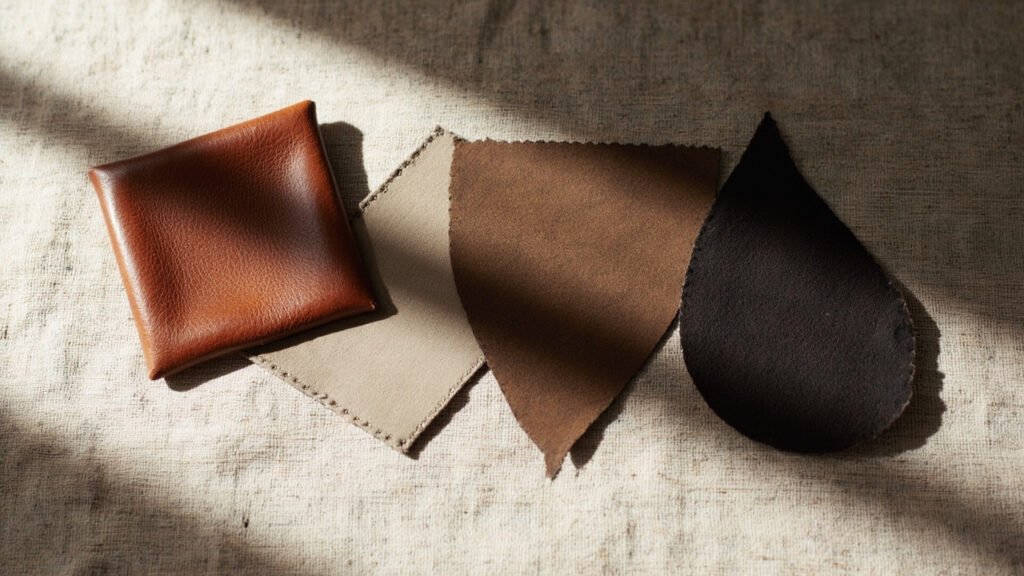 Quatre échantillons de cuir juxtaposés sur lin.
