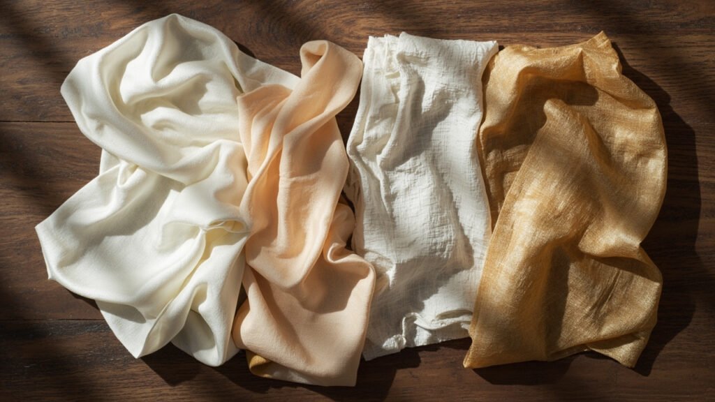 Quatre échantillons de soie aux textures variées sur noyer
