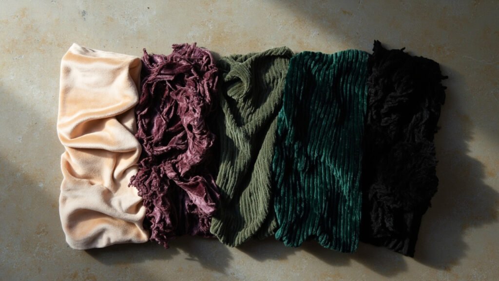 Quatre échantillons de velours, textures et couleurs variées.