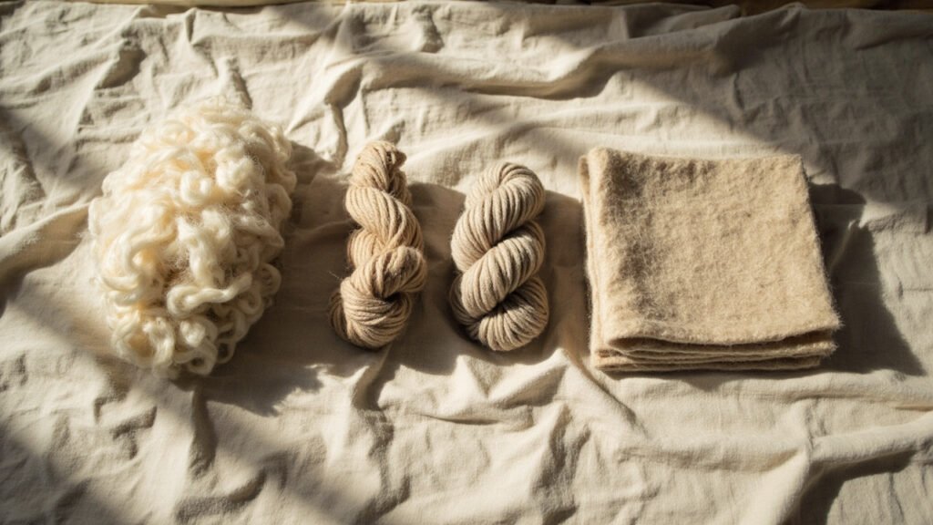 Quatre étapes de transformation du cachemire brut au tissu tissé.