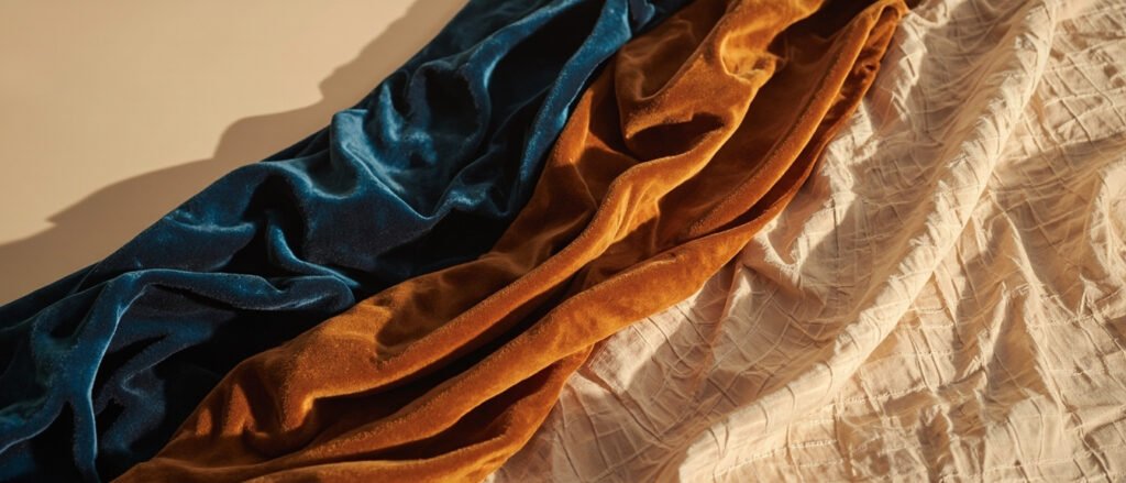 Quatre étoffes de velours — soie, coton, milleraies et frappé — drapées en vagues.