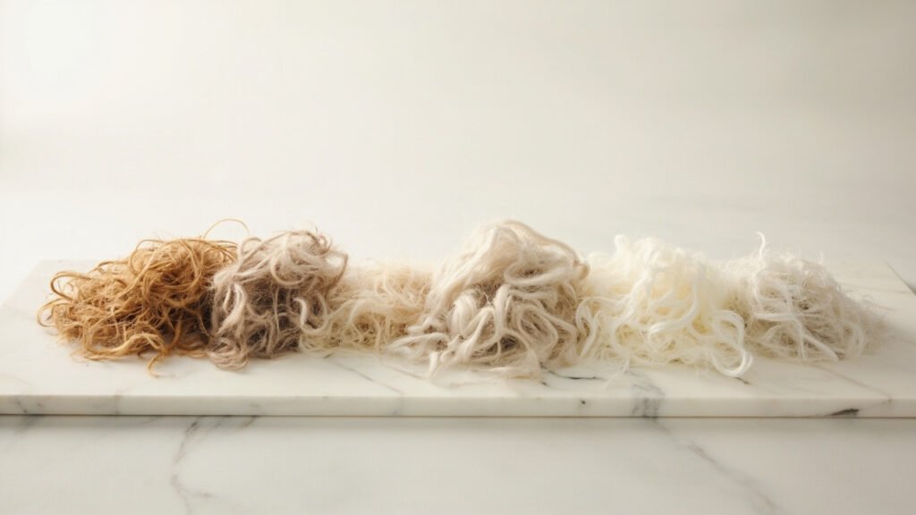 Quatre grades de fibres de cachemire triés sur marbre pâle.