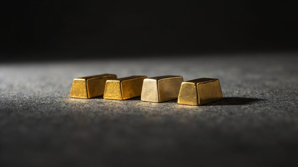 Quatre lingots d'or de différents carats alignés sur lin