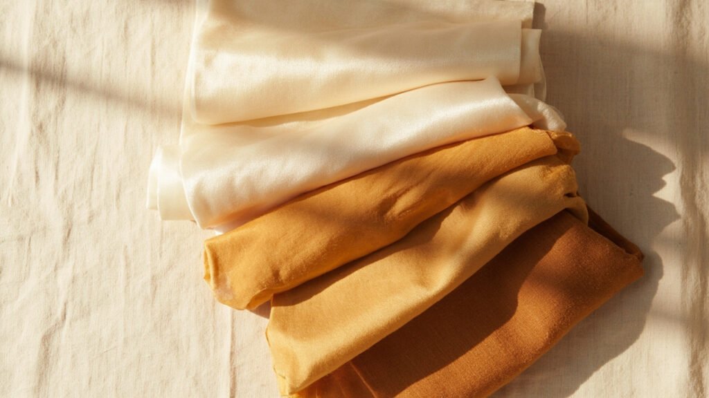 Quatre plis de soie aux textures et teintes contrastées sur lin crème.