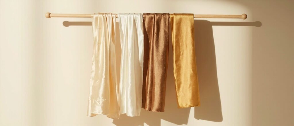 Quatre soies drapées: mûrier nacré, tussah doré, éri mat, muga ambré.
