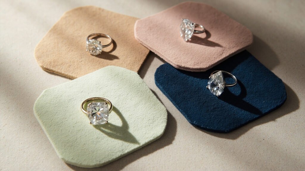 Quatre tailles de diamant sur coussinets de daim colorés.