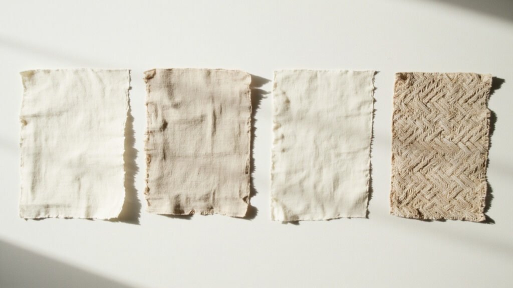 Quatre tissages de lin juxtaposés, lumière rasante.