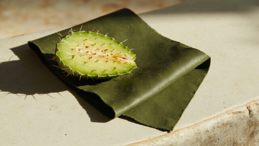 Raquette de cactus tranchée et cuir vert olive posés sur pierre claire.