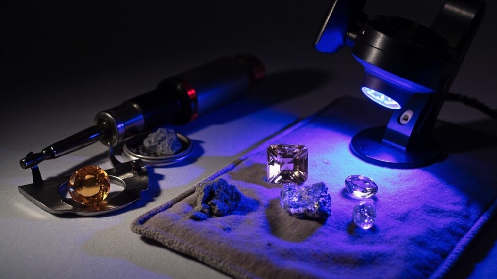 Refractomètre, polariscope et lampe UV sur velours