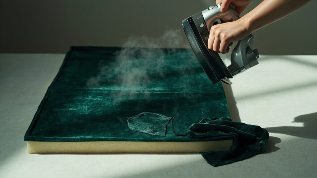 Repassage à la vapeur verticale sur velours posé sur tapis à aiguille.