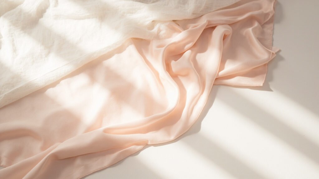 Repassage du satin blush sous une housse de coton.